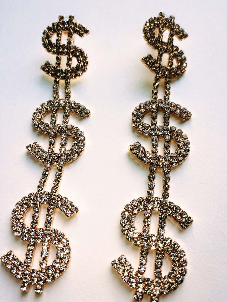 4" Gold Stud Rhinestone $$$ Sign Dangle Earrings - Picture 4 of 5